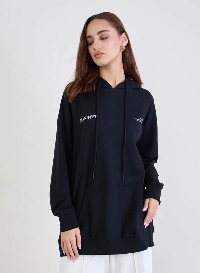 Black Oversized Longline Slogan Hoodie