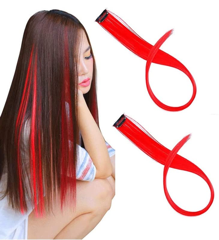 CHANDERKASH Set of 2pcs 18 Straight Single Clip Hair Streak ColorHair Extension Highlights Multi Red - Image 1