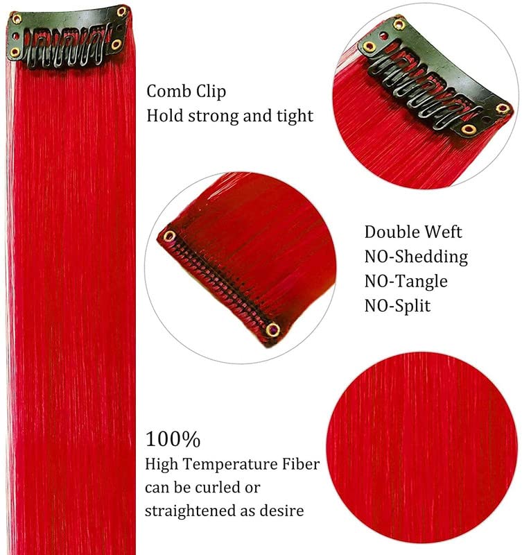 CHANDERKASH Set of 2pcs 18 Straight Single Clip Hair Streak ColorHair Extension Highlights Multi Red - Image 2