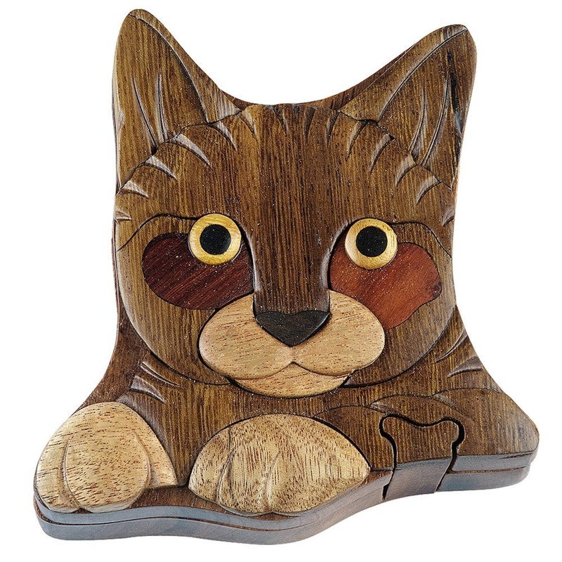 The Handcrafted Hand Carved in Vietnam Wooden CAT Puzzle Box- Intarsia Wood Art - Image 4