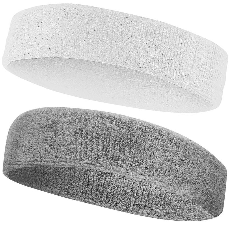 AMIFIT Sport Headband for Men and Women - Sports Headband for Workout & Running, Breathable, Non-Slip Sweat Head Bands for Long Hair, Pack of 2 (White & Grey)