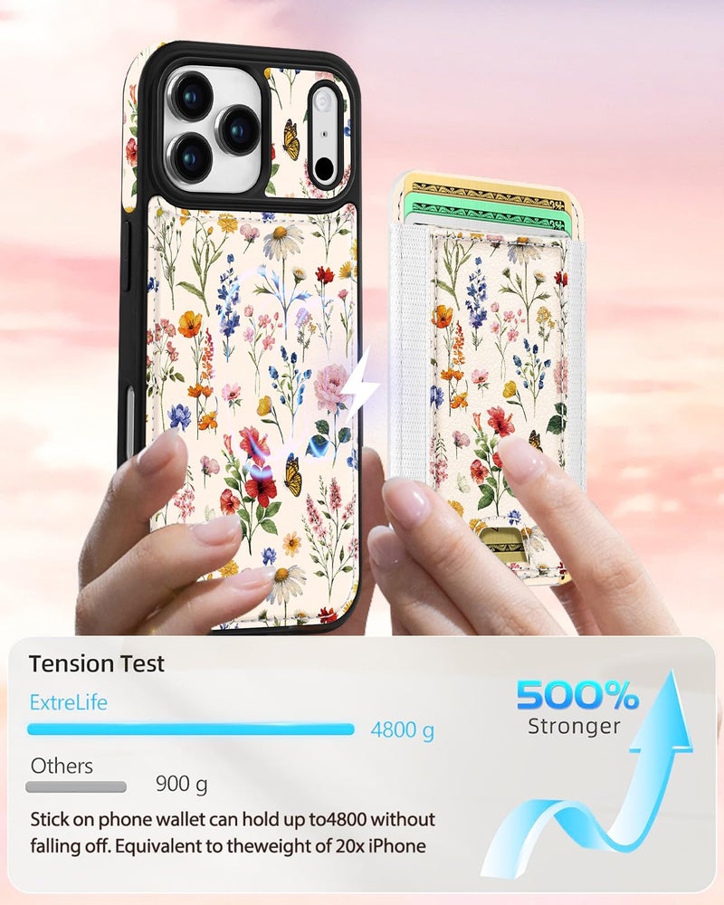 Shorogyt for iPhone 17 Pro Max Case Wallet - Fits 5 Cards, Compatible with Magsafe Detachable Magnetic Credit Card Holder Leather Cardholder Cute Phone Cover Women Girls for Apple 17 ProMax, Floral - Image 4