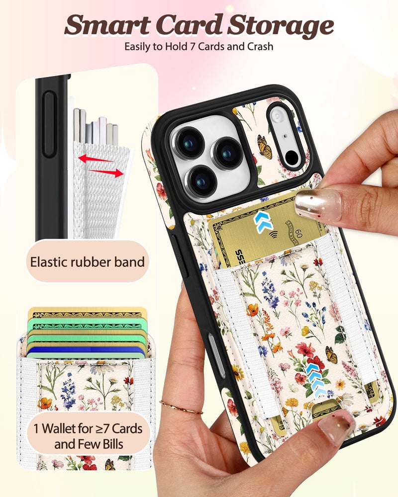 Shorogyt for iPhone 17 Pro Max Case Wallet - Fits 5 Cards, Compatible with Magsafe Detachable Magnetic Credit Card Holder Leather Cardholder Cute Phone Cover Women Girls for Apple 17 ProMax, Floral - Image 3
