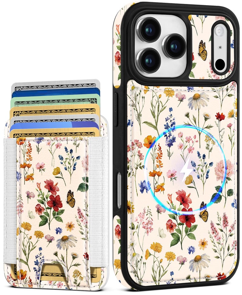 Shorogyt for iPhone 17 Pro Max Case Wallet - Fits 5 Cards, Compatible with Magsafe Detachable Magnetic Credit Card Holder Leather Cardholder Cute Phone Cover Women Girls for Apple 17 ProMax, Floral - Image 1