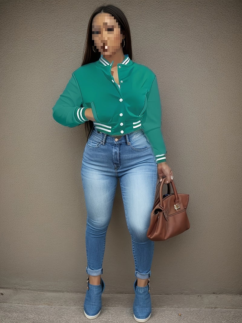 2024 Cross-border Spring and Autumn European and American Womens Solid Color Jacket Single-breasted Baseball Suit Sportswear Jacket Black Grey Mint green