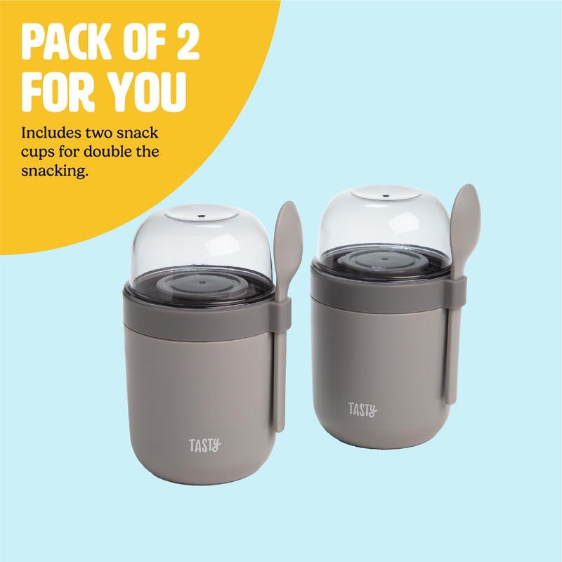 Tasty Travel Snack Cups with Spoons, On-The-Go Snacking, Divided Compartments, Great for Nuts, Cereal, Granola, Yogurt and More, Made Without BPA, 2-Pack, Gray - Image 4