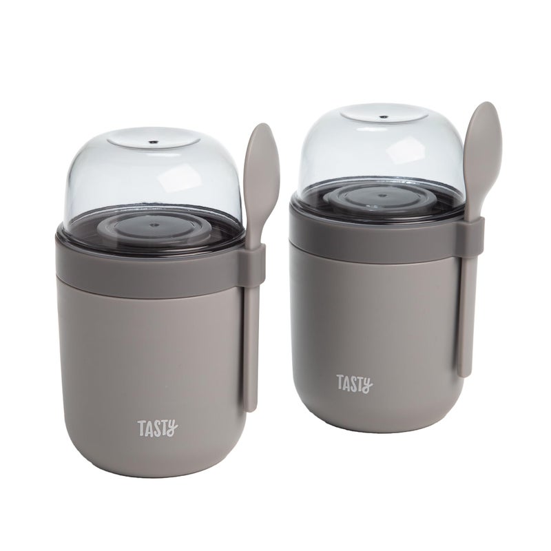 Tasty Travel Snack Cups with Spoons, On-The-Go Snacking, Divided Compartments, Great for Nuts, Cereal, Granola, Yogurt and More, Made Without BPA, 2-Pack, Gray - Image 1