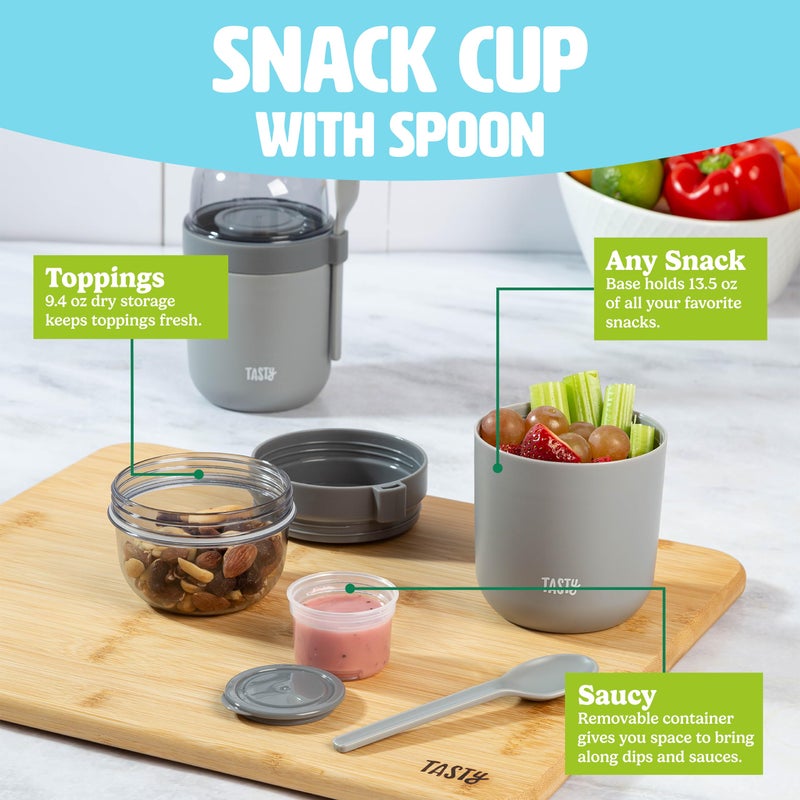 Tasty Travel Snack Cups with Spoons, On-The-Go Snacking, Divided Compartments, Great for Nuts, Cereal, Granola, Yogurt and More, Made Without BPA, 2-Pack, Gray - Image 2