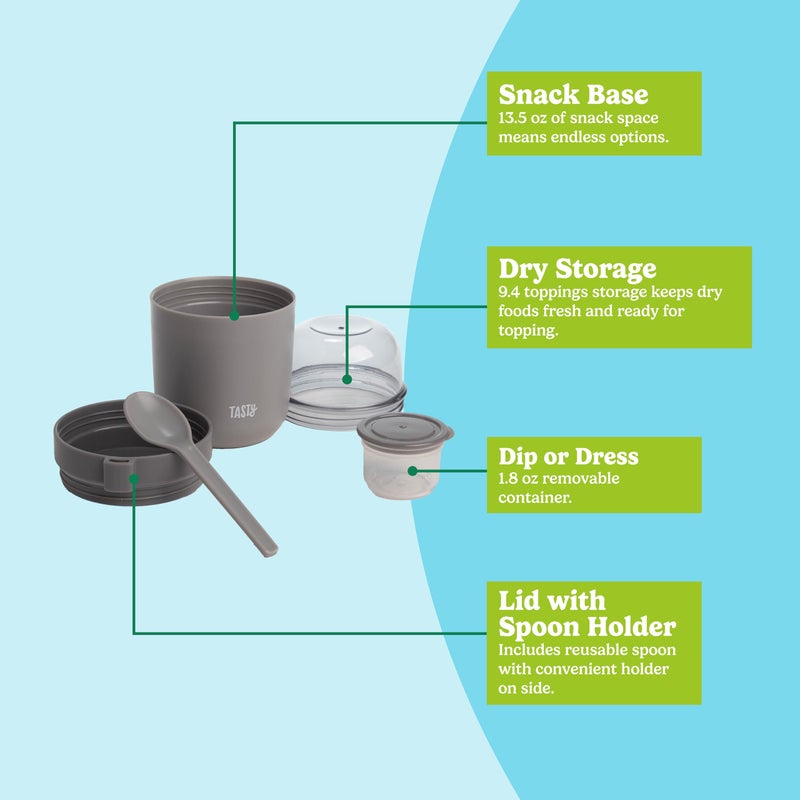 Tasty Travel Snack Cups with Spoons, On-The-Go Snacking, Divided Compartments, Great for Nuts, Cereal, Granola, Yogurt and More, Made Without BPA, 2-Pack, Gray - Image 3