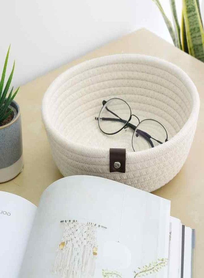 BOBBINY Handwoven Natural Jute And Round Cotton Storage Baskets - Home, Kitchen, And Office Organization (Small (8.7" X 2.8"), White) - Image 1