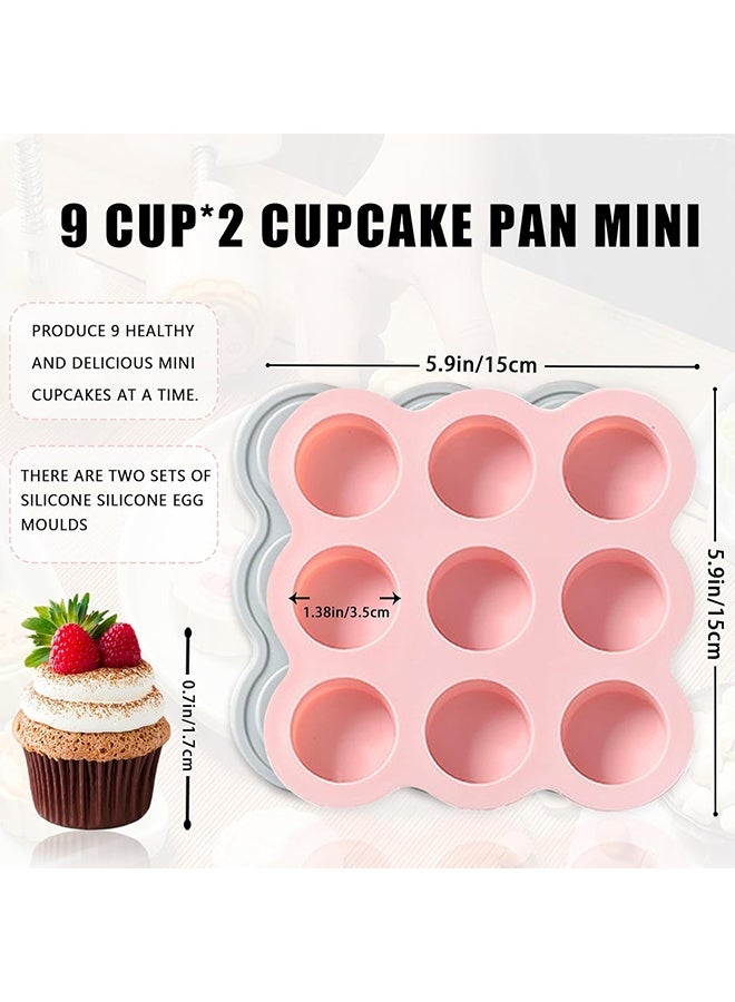 HY 2 Pcs Silicone Muffin Pan -9cups Mini Muffin Pan Non-Stick Silicone Mold, Silicone Mini Muffin Pan Is Perfect For Muffins, Cakes, Tarts, Breads, Dishwasher Safe-9Cups (Pink + Gray)  - Image 2