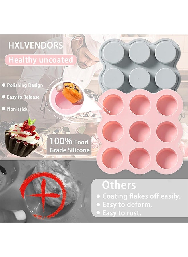 HY 2 Pcs Silicone Muffin Pan -9cups Mini Muffin Pan Non-Stick Silicone Mold, Silicone Mini Muffin Pan Is Perfect For Muffins, Cakes, Tarts, Breads, Dishwasher Safe-9Cups (Pink + Gray)  - Image 4