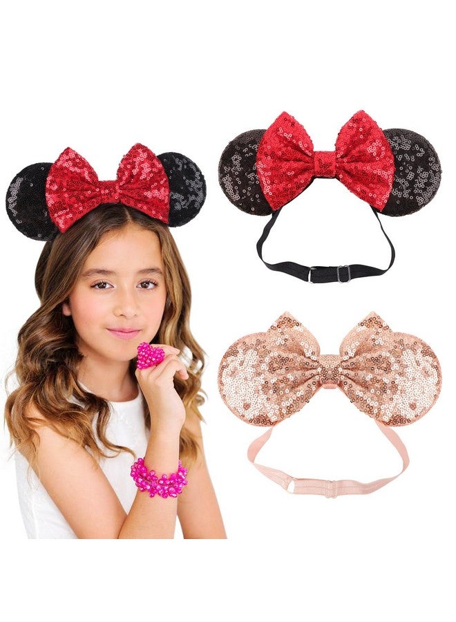 دري شو عصابة رأس ميني آذان الفأر مع فيونكة من الترتر وعصابة رأس مرنة قابلة للتعديل وزينة للحفلات اللامعة وأزياء تنكرية للنساء والفتيات - Image 1