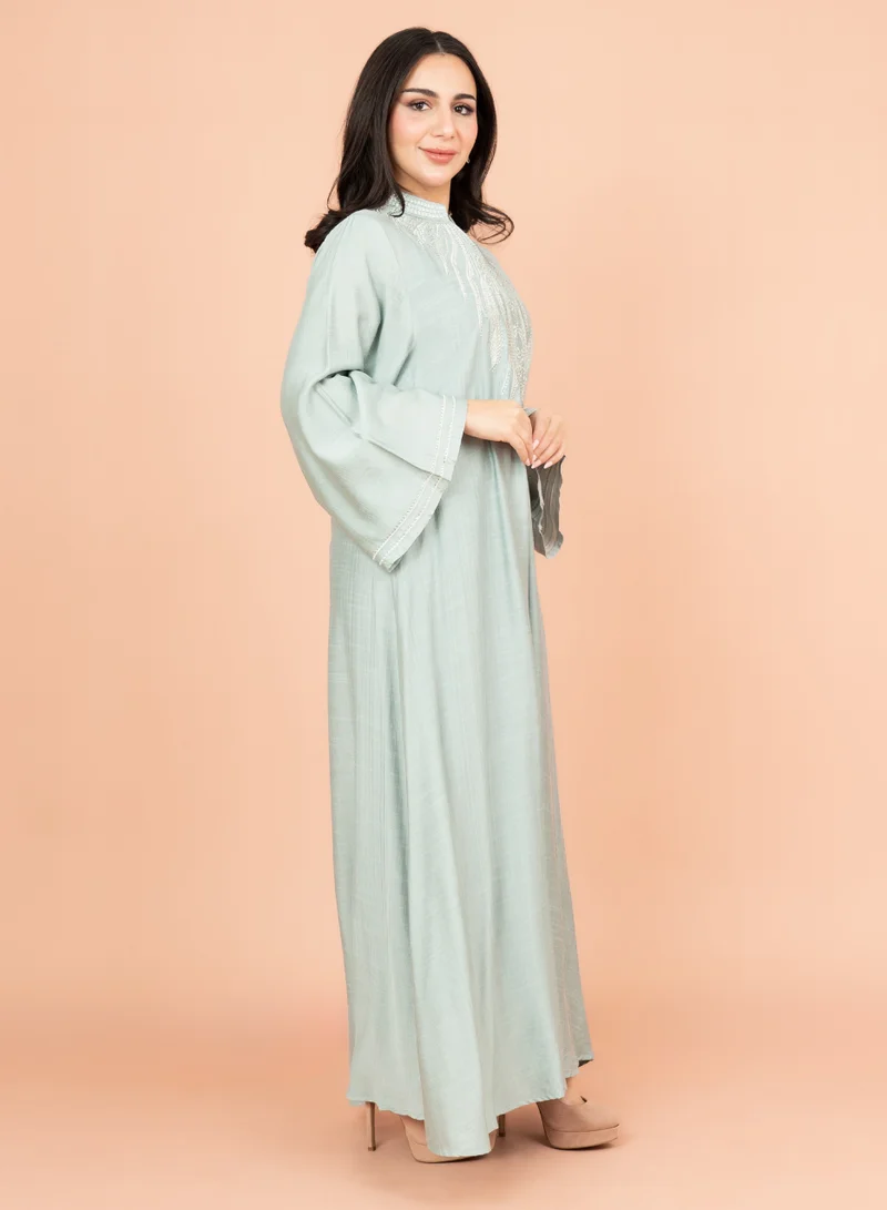 IKKXA Embroidered Solid Jalabiya with Stylish Mandarin Collar IK4010 Turquoise