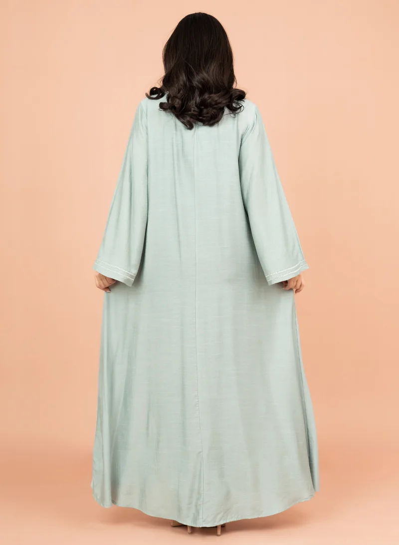 IKKXA Embroidered Solid Jalabiya with Stylish Mandarin Collar IK4010 Turquoise