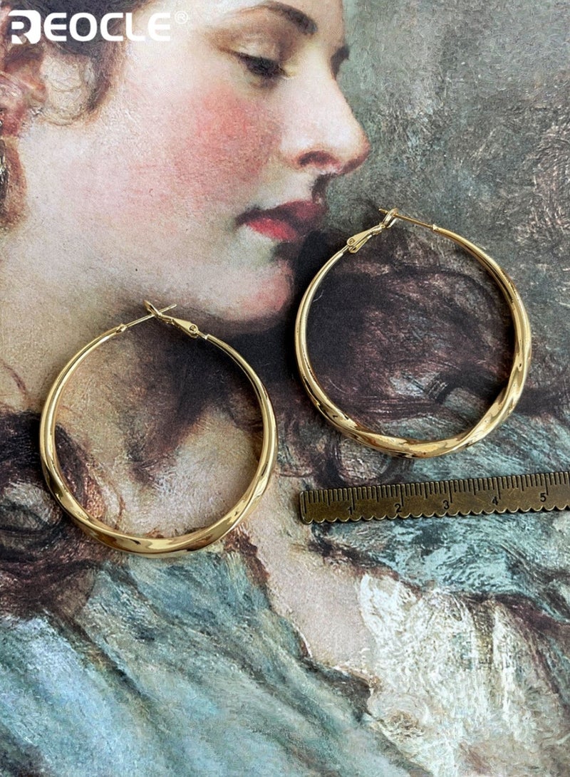 REOCLE Women's Textured Hoop Earrings Vintage-Inspired Earrings Irregular Surface Design Retro-Chic Statement Hoops for Daily Wear & Renaissance-Era Styling - Image 2