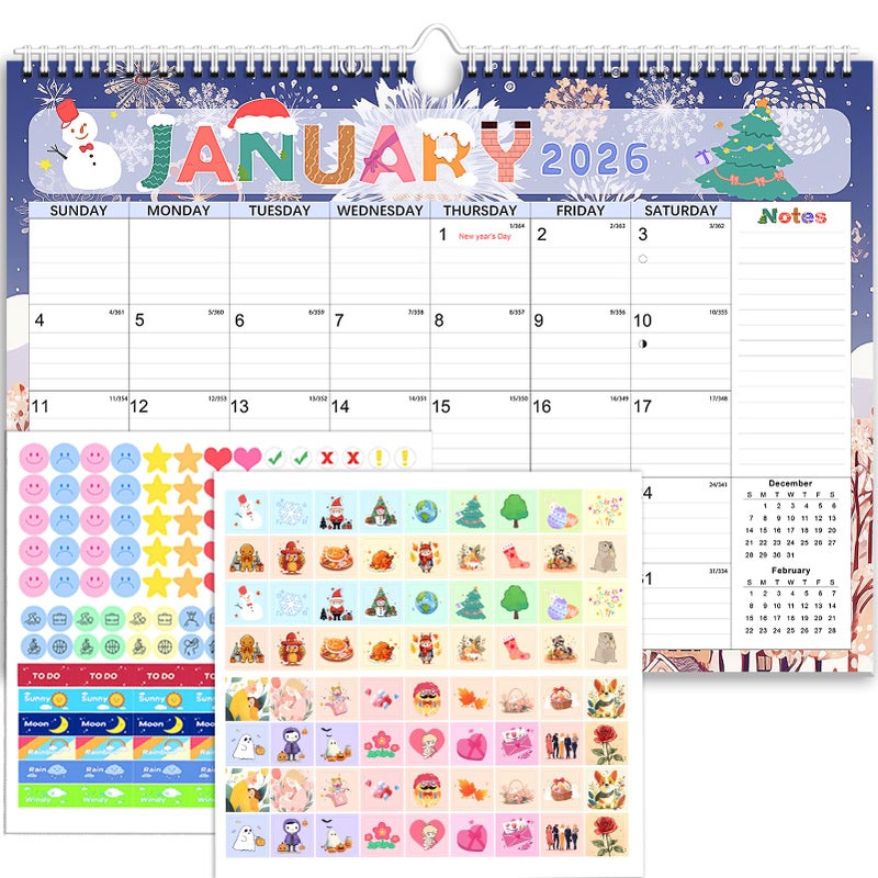 Aeccn Calendar 2026, Anti Ink Bleed, Durable Thick Paper, Ample Writing Space, Wall Calendar 2026-2027 with Stickers, 17" x 12" Large Seasonal Calendars for Home, Office, Student and Teacher Supplies- Colorful - Image 1