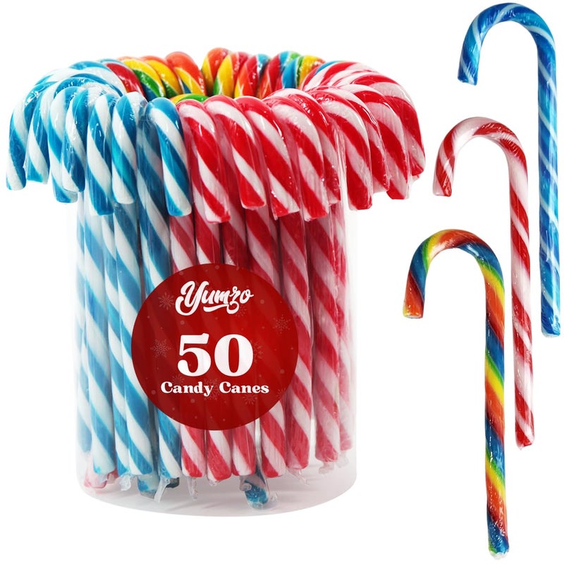 Christmas Candy Canes Tutti Frutti, Blue/White Peppermint, Red and White Cherry Mix Flavors - Bulk Candy Canes Individually Wrapped for Family Holiday Indulgement, Candy Cane Gift Set (50 Count) - Image 1