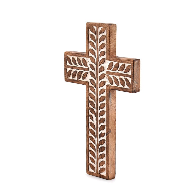 NIRMAN Mango Wood Religious Catholic Cross Wall Hanging Floral Carvings Living Room Home DÃ©cor for Entryway Office Living Room (10" x 6" x 0.75") - Image 2