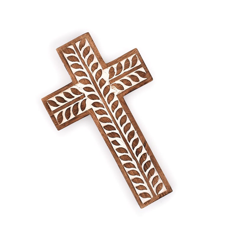 NIRMAN Mango Wood Religious Catholic Cross Wall Hanging Floral Carvings Living Room Home DÃ©cor for Entryway Office Living Room (10" x 6" x 0.75") - Image 3