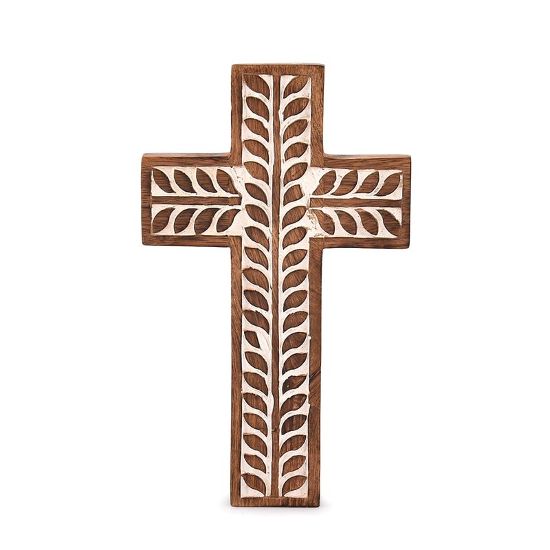 NIRMAN Mango Wood Religious Catholic Cross Wall Hanging Floral Carvings Living Room Home DÃ©cor for Entryway Office Living Room (10" x 6" x 0.75") - Image 1