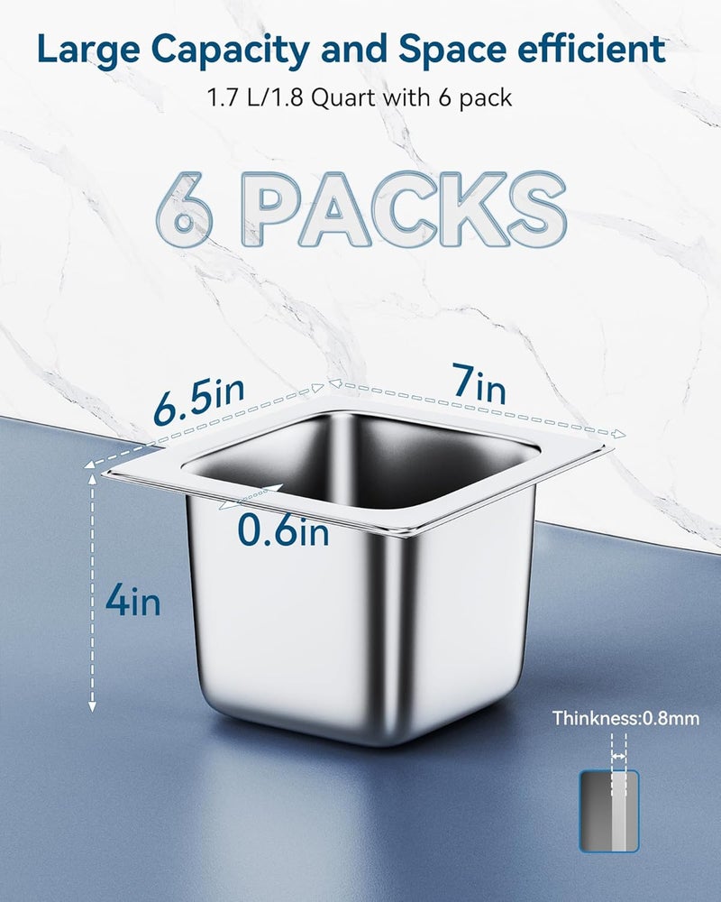 ZeroPone 6 Pack Hotel Pans 1/6 Size 4" Deep Steam Table Pan 22 Gauge Anti Jam Stainless Steel Hotel Food Pan - Image 2