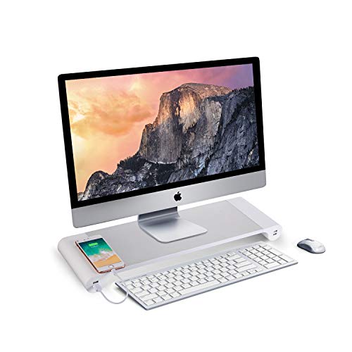 Suewow PG Silver Monitor Stand Riser with 4-Port USB Charging ports, Convenient keyboard organiser,Desktop Organizer for Computer, Laptop, TV, Printer - Ergonomic Keyboard Tray & Storage Shelf. - Image 1
