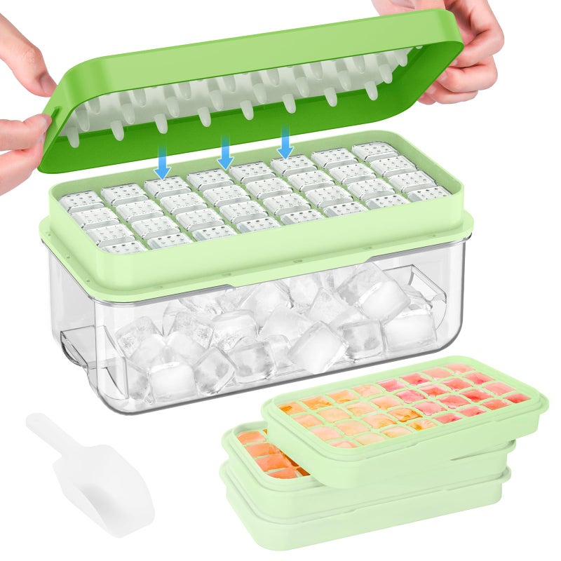 PHINOX Ice Cube Tray with Lid and Bin 3 Pack Plastic Ice Cube Tray Molds 964 8 3 pcs Ice Trays for freezer Chilling Drinks Whiskey Cocktails with Ice Container and Ice Scoop BPAFree