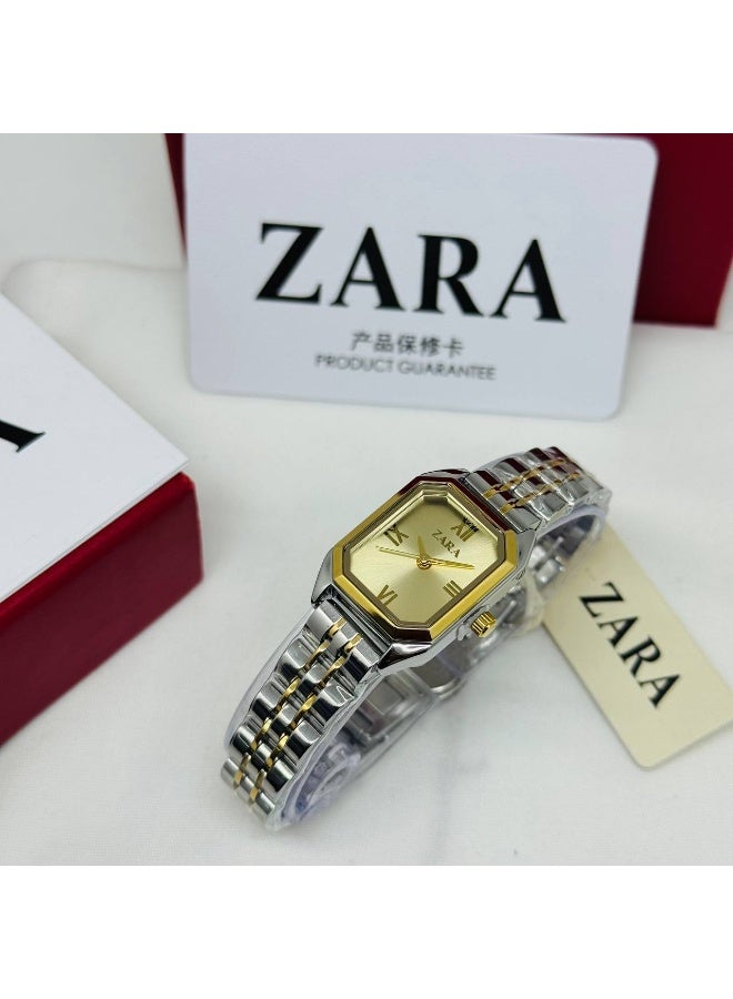 ZARA Luxury Women's Two-Tone Octagonal Watch | Gold Dial with Roman Numerals | Stainless Steel Bracelet