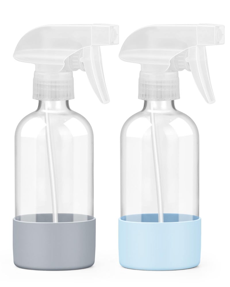 Worldgsb 2 Pack Glass Spray Bottles 8 oz, Empty Refillable Containers with Silicone Sleeve Protection, Glass Spray Bottles for Cleaning Solutions, Hair and Plants with Adjustable Nozzles Blue&Grey - Image 1