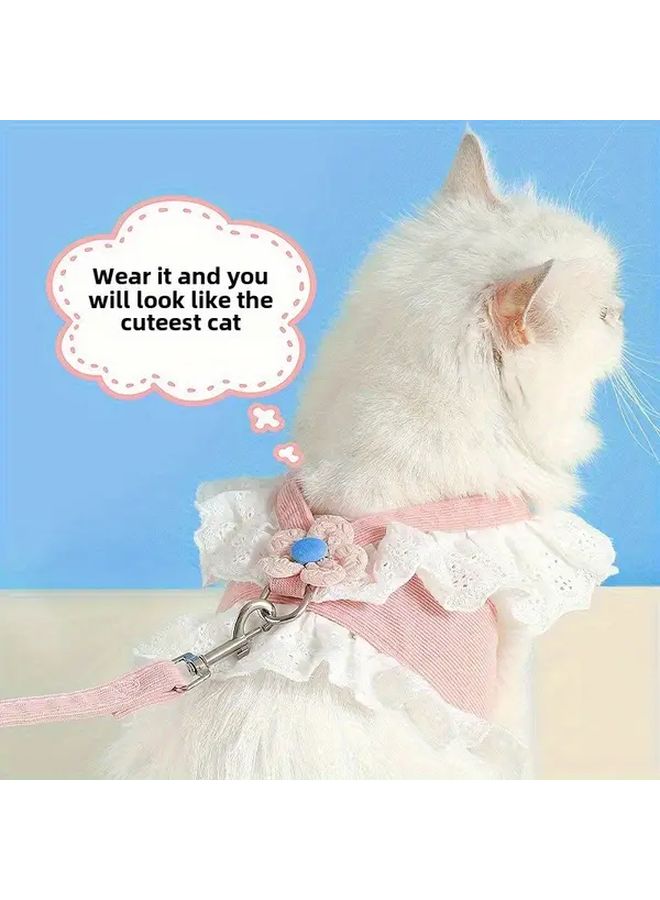 RODAFN Adjustable Floral Cat Harness With Pink Lace Trim And Anti Slip Safety Design Breathable Mesh Back Strap 4ft Leash For Kittens And Adult Cats Secure Pet Clothing - Image 1