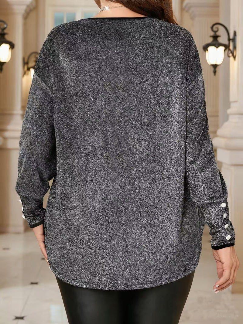 Long Sleeve Round Neck Button Front T-Shirt Blouse for Women - Image 2