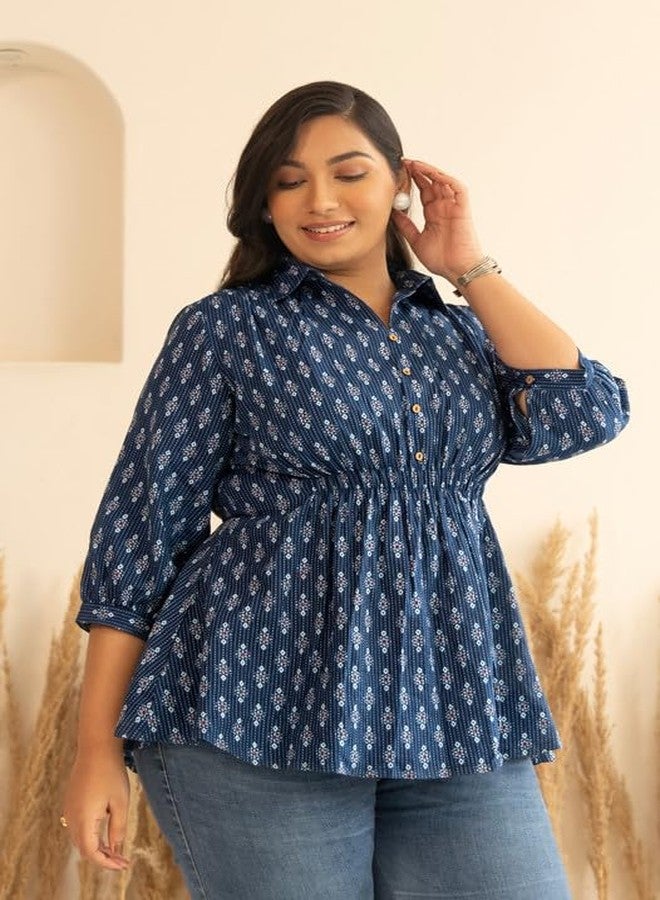 Janasya Women's Plus Size Dark Blue Cotton Ethnic Motifs A-Line Top (PL1027-TP-N-3XL) - Image 2