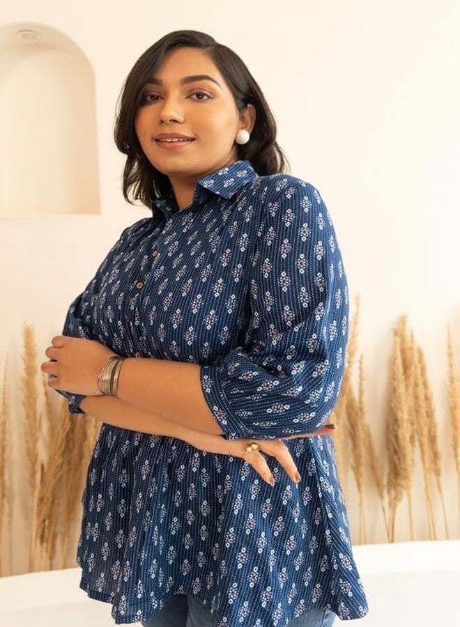 Janasya Women's Plus Size Dark Blue Cotton Ethnic Motifs A-Line Top (PL1027-TP-N-3XL) - Image 4
