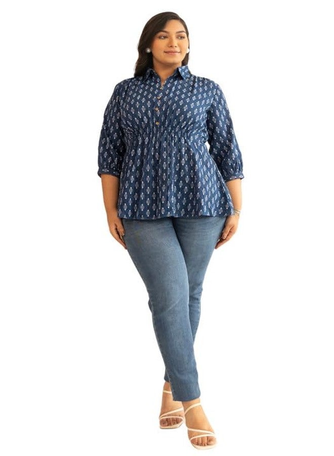Janasya Women's Plus Size Dark Blue Cotton Ethnic Motifs A-Line Top (PL1027-TP-N-3XL) - Image 1