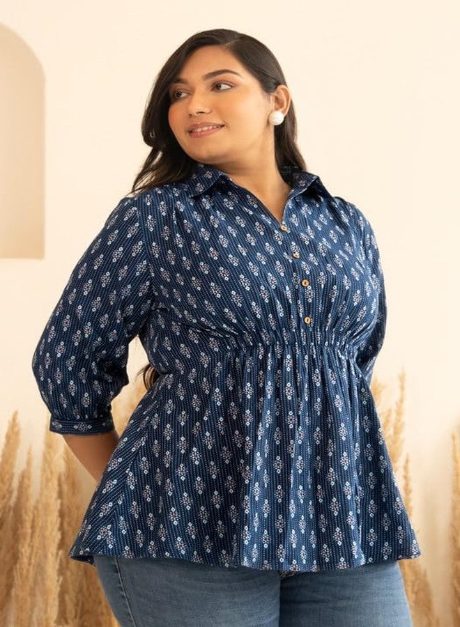 Janasya Women's Plus Size Dark Blue Cotton Ethnic Motifs A-Line Top (PL1027-TP-N-3XL) - Image 3