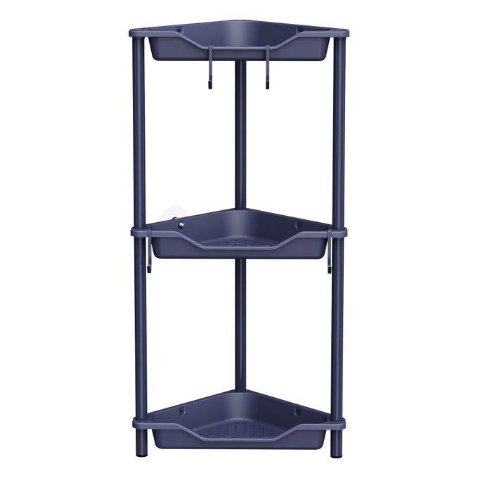 RUSTPROOF 3 TIER FLOOR STANDING CORNER SHOWER CADDY ORGANIZER PLASTIC METAL SPLICING FLOOR CORNER SHELF RACK STANDS FOR BATHROOM BLUISHPURPLE
