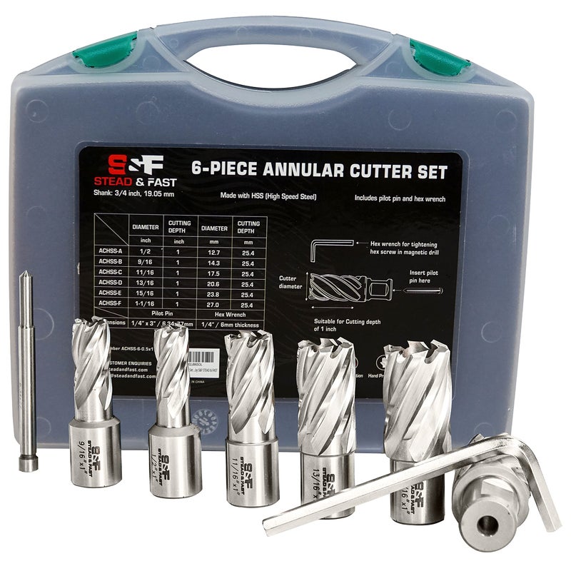 S&F STEAD & FAST Annular Cutter Set 6 Pcs, Weldon Shank 3/4”, Cutting Depth 1”, Outside Diameter 1/2 to 1-1/16 Inch, Mag Drill Bits Kit for Magnetic Drill Press by S&F STEAD & FAST - Image 1