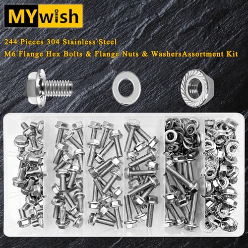 MYWISH 224Pcs M6 Bolt x 12/16/20/25/30mm, M6x1.0 Bolt, Flanged Hex Head Bolts with Flange Nuts Washers, 304 Stainless Steel M6 Screws, Metric Bolt Assortment, DIN 6921 by Mywish - Image 3