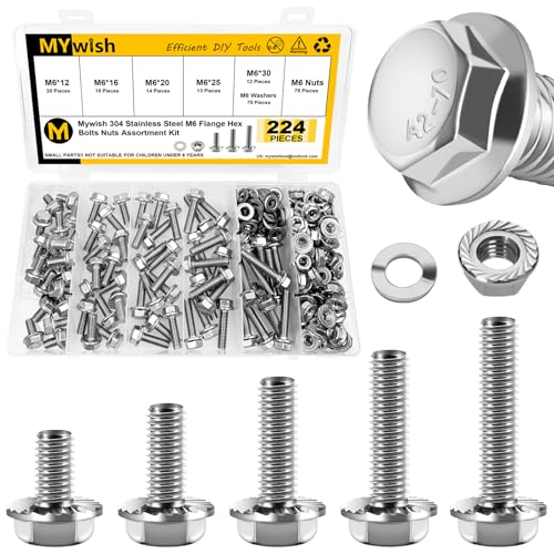MYWISH 224Pcs M6 Bolt x 12/16/20/25/30mm, M6x1.0 Bolt, Flanged Hex Head Bolts with Flange Nuts Washers, 304 Stainless Steel M6 Screws, Metric Bolt Assortment, DIN 6921 by Mywish - Image 1