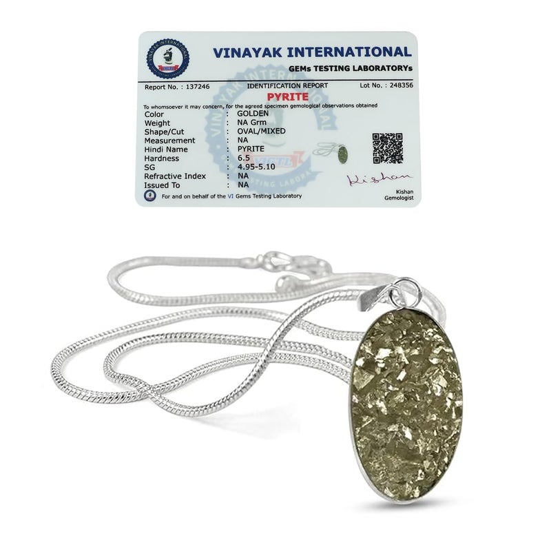 Reiki Crystal Products قلادة حجر بايريت الخام المعتمد بشكل بيضاوي، قلادة حجر كريستال - قلادة بسلسلة معدنية للعلاج بالريكي وعلاج الكريستال، حجر كريم للجنسين - Image 1