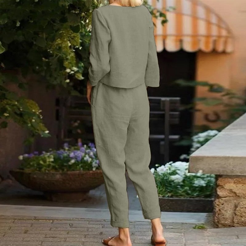 Barbora Linen Casual Waist Belted Women's Two Piece Set Bottom Top LN01HAKI20  - Image 1