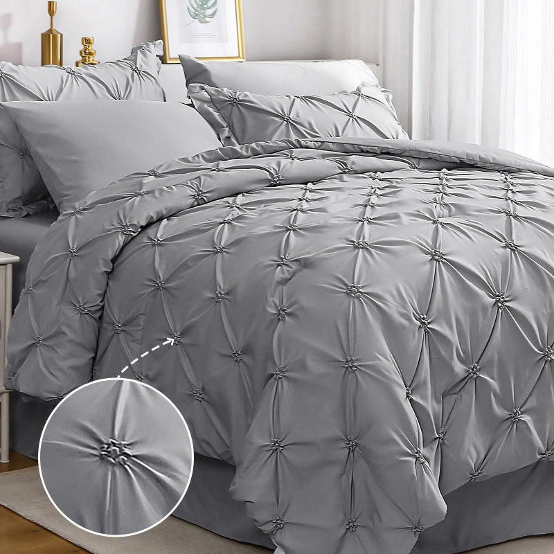 JOLLYVOGUE Grey Queen Comforter Set 7 Pieces Pintuck Comforters Queen Size Bed in a Bag Queen Comforter for Bedroom Bedding Comforter Sets with Comforter Sheets Ruffled Shams  Pillowcases