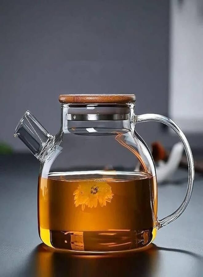 Spaceshoop Generic Glass Teapot with Wooden Lid, 1 Litre Capacity, Heat-Resistant Glass, Borosilicate Glass strainer .#