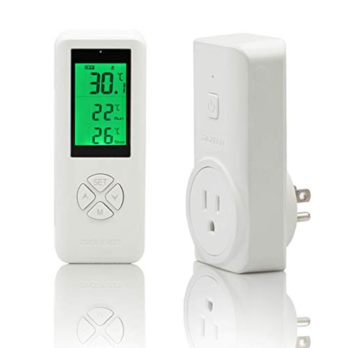 Wireless Temperature Controlled Outlet Digital Plugin Thermostat with Remote Control Builtin Temp Sensor Heating Cooling for AC Fans Heaters Remote Detects Temperature
