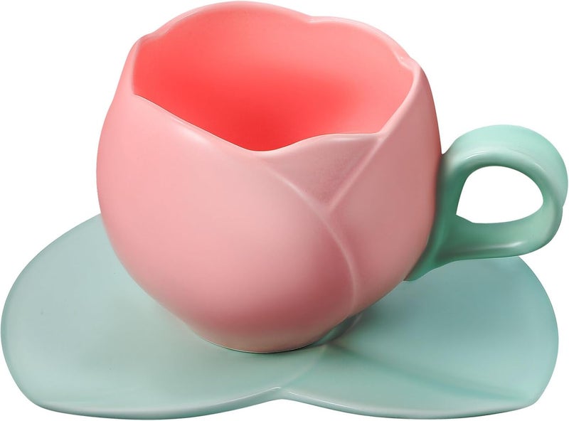 BESPORTBLE Ceramic Tulip Coffee Mug with Saucer Tulip Tea Cup Cute Mug Set for Tea Coffee Milk for Home Office 1014oz 300ml - Image 1
