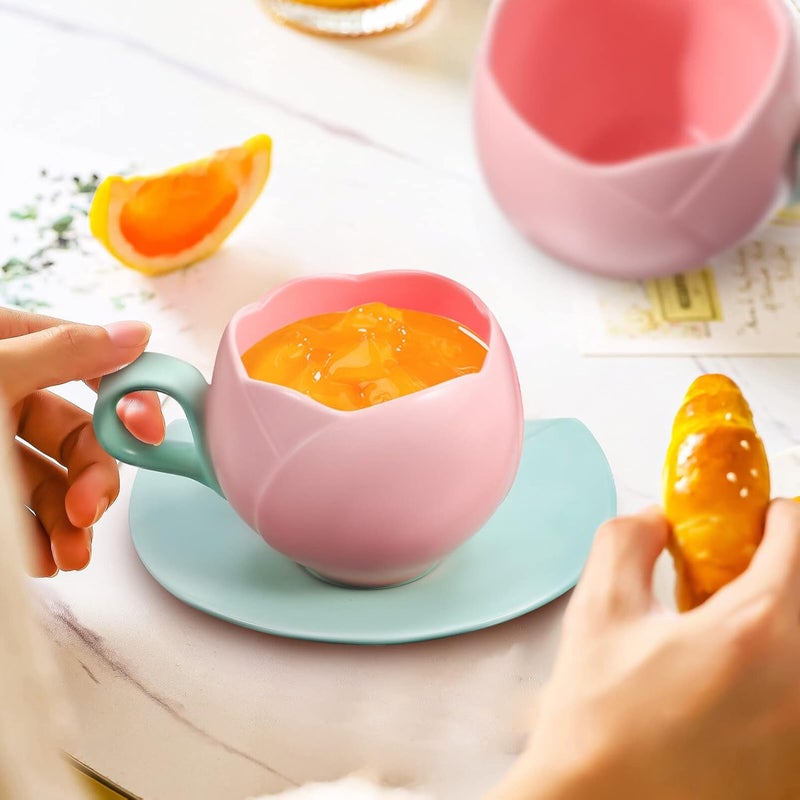 BESPORTBLE Ceramic Tulip Coffee Mug with Saucer Tulip Tea Cup Cute Mug Set for Tea Coffee Milk for Home Office 1014oz 300ml - Image 4