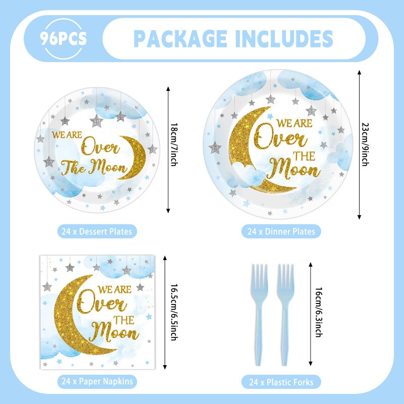 Oitnlaughter 96Pcs Moon and Stars Party Paper Plates and Napkins Blue Moon Celestial Baby Shower Party Supplies Tableware Gender Reveal Little Star Birthday Disposable Plates for Birthday Gatherings Decorations - Image 2
