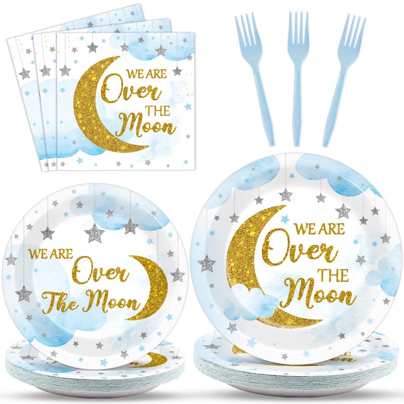 Oitnlaughter 96Pcs Moon and Stars Party Paper Plates and Napkins Blue Moon Celestial Baby Shower Party Supplies Tableware Gender Reveal Little Star Birthday Disposable Plates for Birthday Gatherings Decorations - Image 1