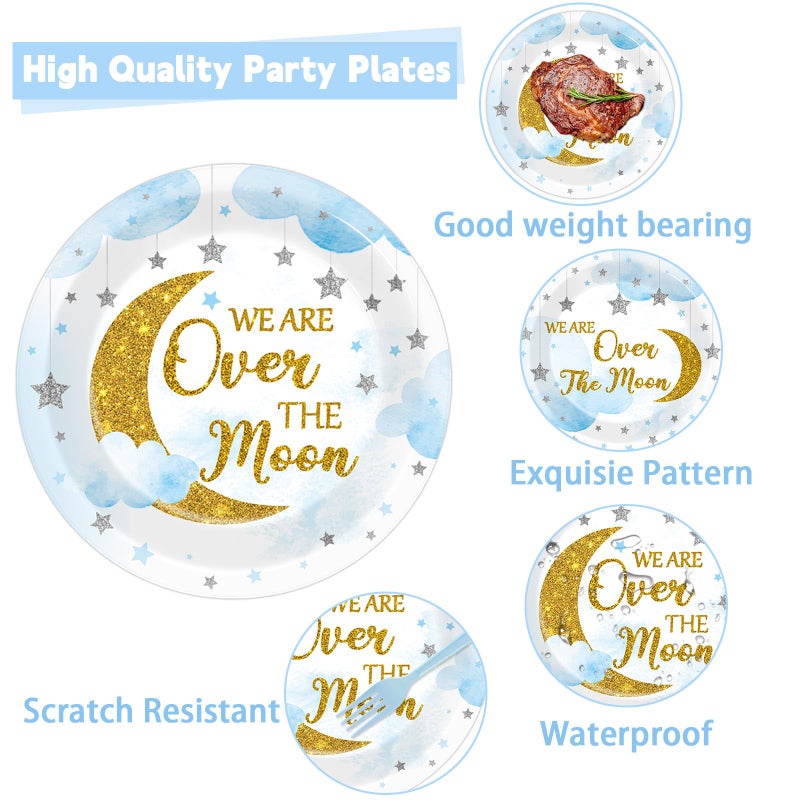 Oitnlaughter 96Pcs Moon and Stars Party Paper Plates and Napkins Blue Moon Celestial Baby Shower Party Supplies Tableware Gender Reveal Little Star Birthday Disposable Plates for Birthday Gatherings Decorations - Image 3